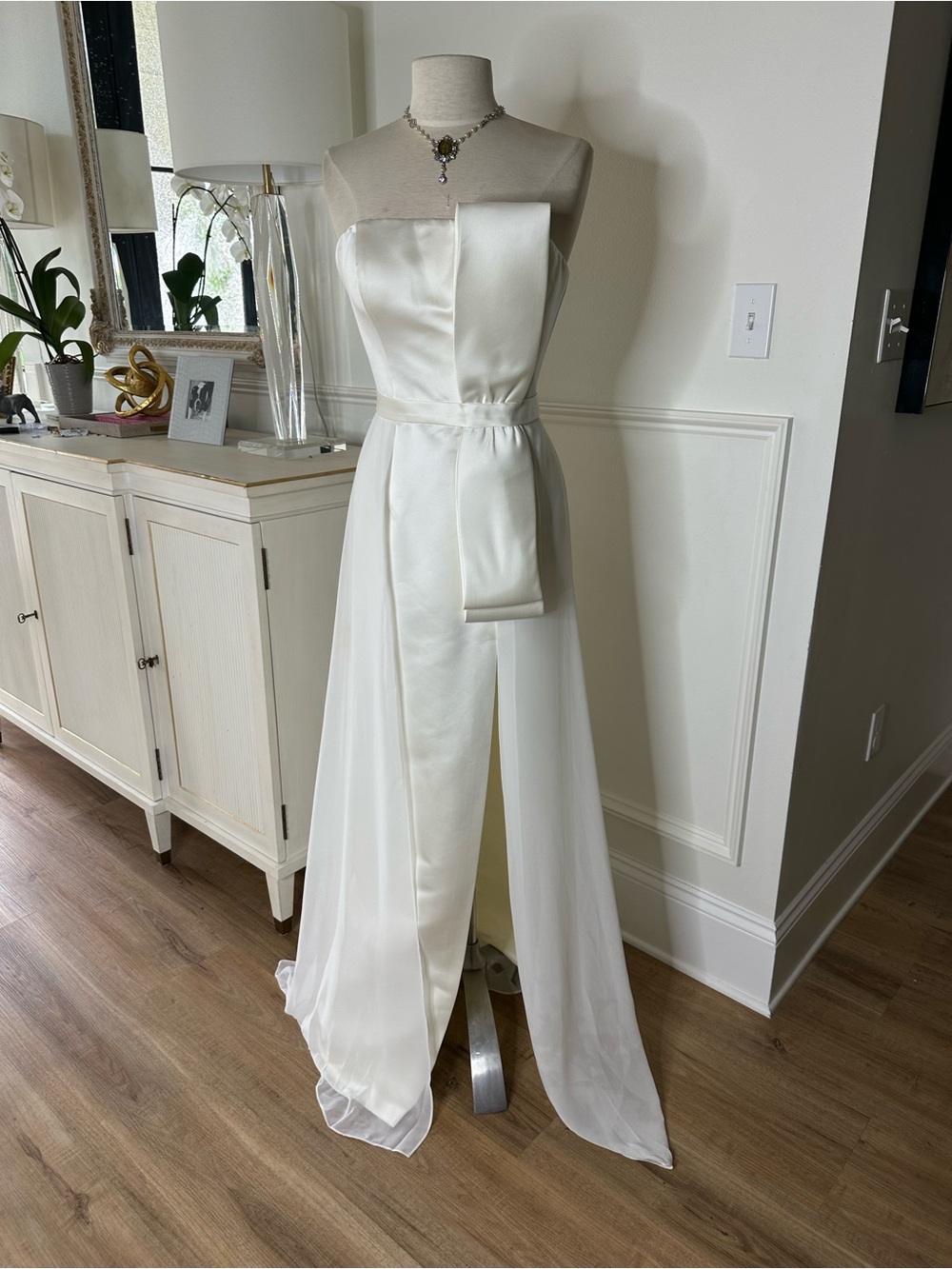 Jovani Ivory Strapless Satin Gown with Front Drape